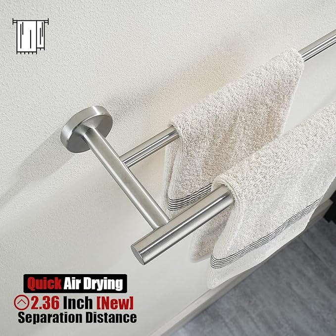 JQK Bath Hardware Towel Bar Accessory Set, 5-Piece Bathroom Accessories Fixtures Set Brushed Finished Wall Mount Includes 24" Towel Bar, 9" Hand Towel Bar, Toilet Paper Holder, Robe Hook x2, BAS105-BN