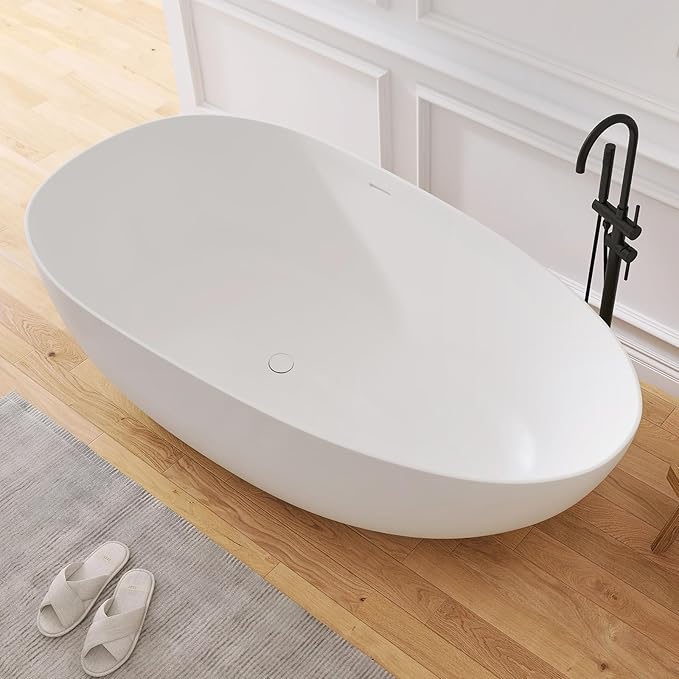 59" Stone Resin Freestanding Bathtub, Oval Solid Surface Bathroom Freestanding Tub, Thin Edge Stand Alone Tub with Integrated Slotted Overflow and Pop-up Drain, Matte White 302-150