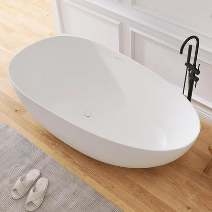 59" Stone Resin Freestanding Bathtub, Oval Solid Surface Bathroom Freestanding Tub, Thin Edge Stand Alone Tub with Integrated Slotted Overflow and Pop-up Drain, Matte White 302-150
