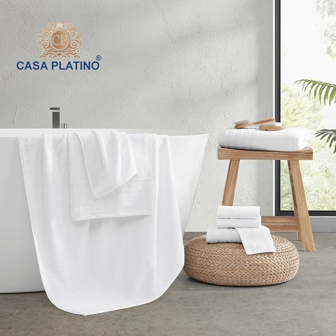 Casa Platino 100% Cotton Luxury Bathroom Towel Set - 8 Pcs - Super Soft, Fluffy & Highly Absorbent - 2 Large Bath Towels, 4 Washcloths, 2 Hand Towels - Complete Family Pack - White Bath Towel Set