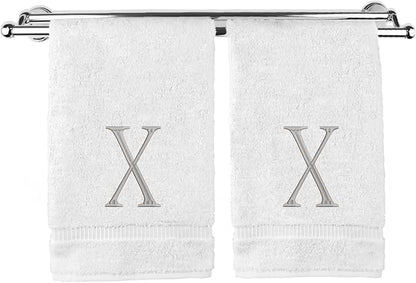 Monogrammed Hand Towel, Personalized Initial Gift, Extra Absorbent 100% Turkish Cotton - Soft Terry Finish - Set of 2 - Silver Block Initial X - Embroidered on White Towels