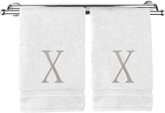 Monogrammed Hand Towel, Personalized Initial Gift, Extra Absorbent 100% Turkish Cotton - Soft Terry Finish - Set of 2 - Silver Block Initial X - Embroidered on White Towels