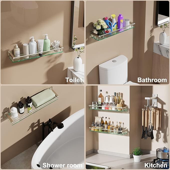 Glass Shelf for Bathroom Wall Sheves 24 inch Rectangular Stainless Steel Tempered Glass Modern Stainless Steel Wall Mount Accessories Organizers Storage (Brushed Nickel, 24‘’)