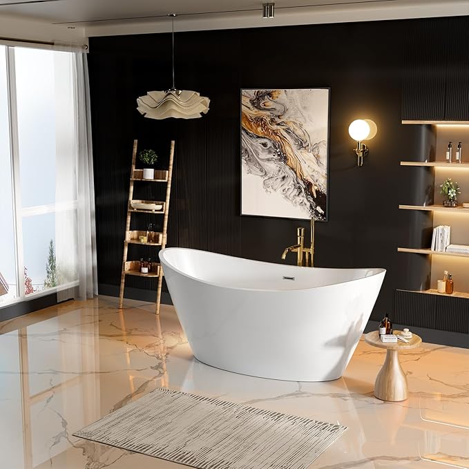 BATHTUB 67" Free Standing Tub, Luxury Acrylic Soaking Tub, Modern Stand Alone Tub with Ergonomic Design, Glossy White, Brushed Nickel Drain & Overflow Included
