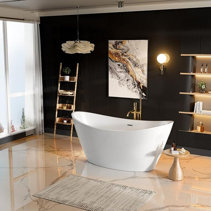 BATHTUB 67" Free Standing Tub, Luxury Acrylic Soaking Tub, Modern Stand Alone Tub with Ergonomic Design, Glossy White, Brushed Nickel Drain & Overflow Included