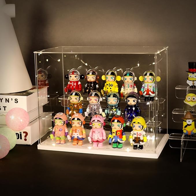 Choowin 3 Tier Clear Acrylic Display Case for Collectibles, Mini Figures, Pop Mart, Labubu, Sonny Angel, Smiski - Assemble Dustproof Acrylic Display Box with Door, Stand (White Base, Clear Step)
