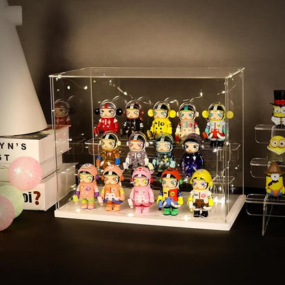 Choowin 3 Tier Clear Acrylic Display Case for Collectibles, Mini Figures, Pop Mart, Labubu, Sonny Angel, Smiski - Assemble Dustproof Acrylic Display Box with Door, Stand (White Base, Clear Step)