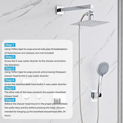 Shower Head 8'' High Pressure Rainfall, Handheld Shower Combo with 11'' Extension Arm, 5 Spray, Anti-leak Luxury Premium Quality, Shower Head with Handheld Spray Combo, Polished Chrome