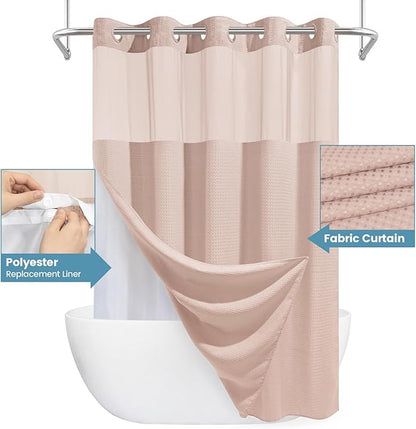Blush Pink Long No Hook Shower Curtain with Snap in Liner,230GSM Waffle Weave Shower Curtains for Bathroom,71W x 86H
