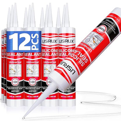 Clear Advanced Silicone Caulk & Sealant, 10Oz Cartridge, 100% Waterproof RTV Silicone Sealant for Kitchen and Bathroom, Shower, Toilet, Sink, Window and Door, Shrink & Crack Proof, 12 Pack