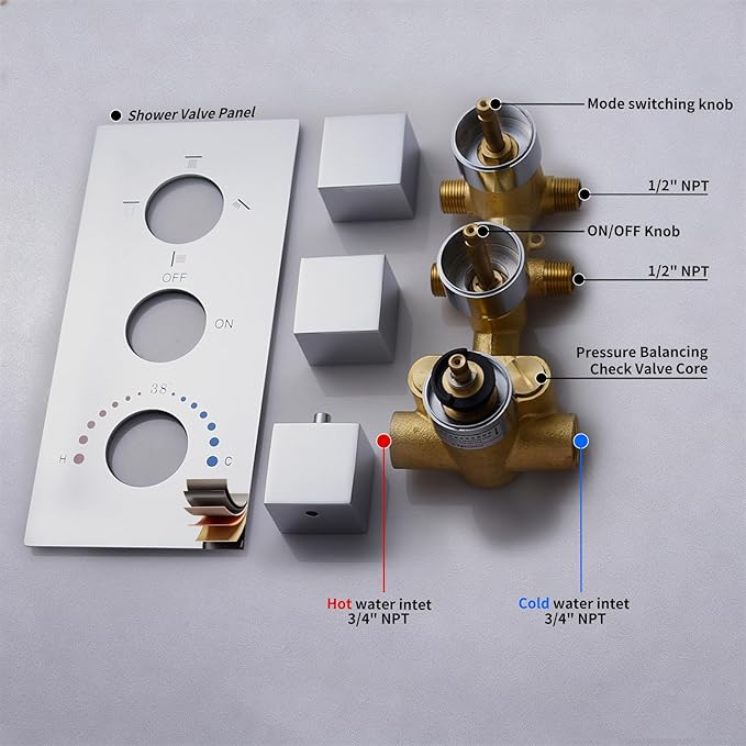 Thermostatic Shower System Chrome Shower Faucet Set, Four Modes Shower Faucet with 4 PCS Body Jet, Handheld Spray, 2 Rainfall Shower Head(12+8“)