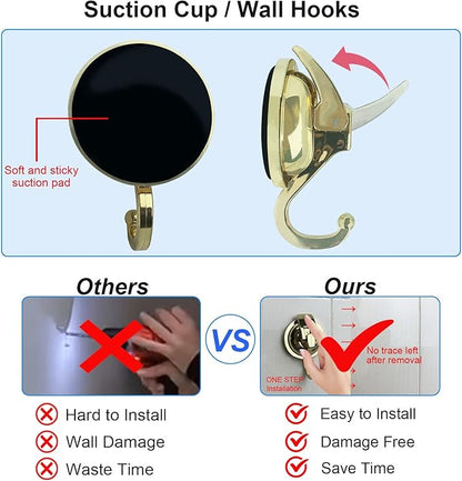 Heavy Duty Vacuum Suction Shower Hooks Glass Suction Cup Bathroom Robe Hooks, Reusable, No Hole Punched, for Garland Decoration (Gold, 6 Pack)
