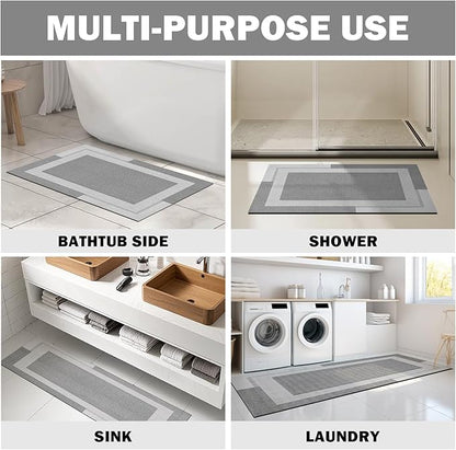 Non Slip Bath Mat, Rubber Backing Ultra Thin Bathroom Rugs Fit Under Door Quick Dry Super Absorbent Washable Bath Rug Shower Mat for Bathroom Floor Bathtub Shower Sink, Easy Care Gray 20"x 32"