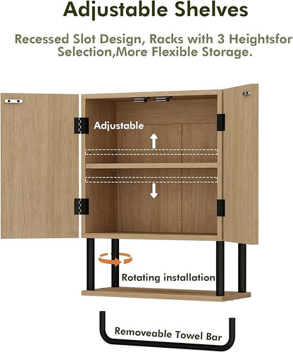 RUSTOWN Farmhouse Bathroom Wall Cabinet with 2 Door, 3-Tier Curved Profile Wooden Medicine Cabinet, Wall Mounted Storage Cabinet with Adjustable Shelf and Towel Bar (Natural, Small)