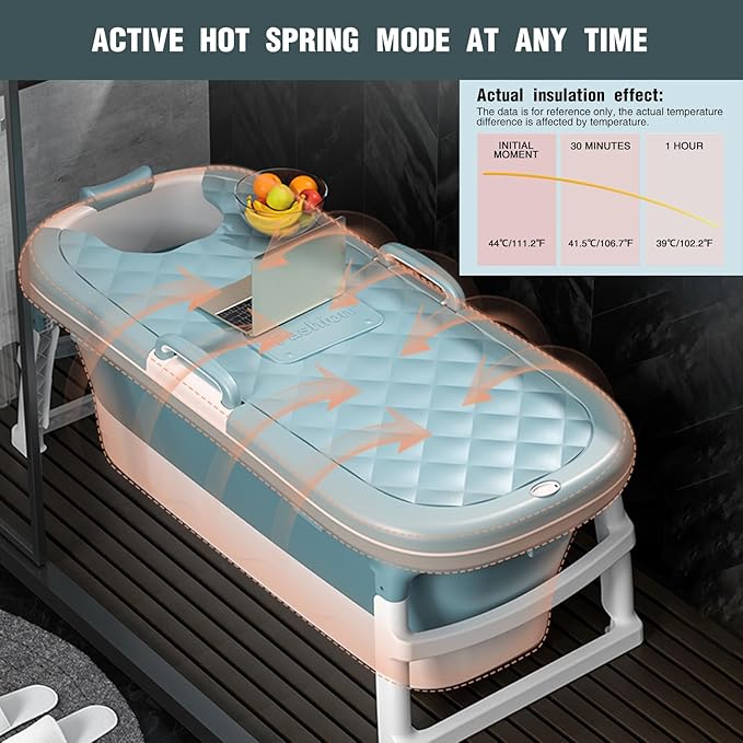 biosp 54'' Portable Bathtub for Adult, Foldable Collapsible Bathtub with 3 lids, Outdoor Hot Tub, Large Thicken Tub for Ice Bath, Home Sauna, Sweat Steaming, Spa Barrel, Shower