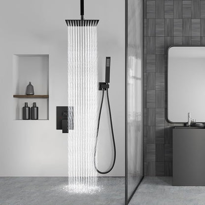 Aolemi Ceiling Mount Rain Shower Head & Handheld Spray with Robust Valve & Trim Kit - Matte Black, 8 Inch Head