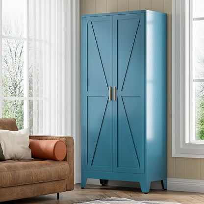 COFaR Home Farmhouse Storage Cabinet with 2 Barn Door, Tall Kitchen Pantry Cupboard with 3 Adjustable Shelves, for Dining Room, Bathroom, Living Room (Blue Green, 61" Farmhouse)