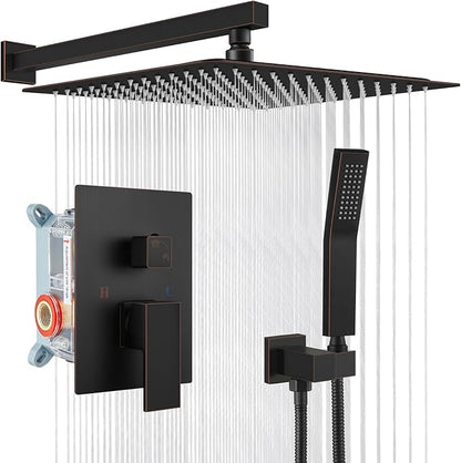 gotonovo Rainfall Bathroom Shower System Rain Shower Head and Handle Set Wall Mounted Shower Complete Combo Solid Brass Pressure Balancing Shower Mixer Valve 16 Inch Oil Rubbed Bronze