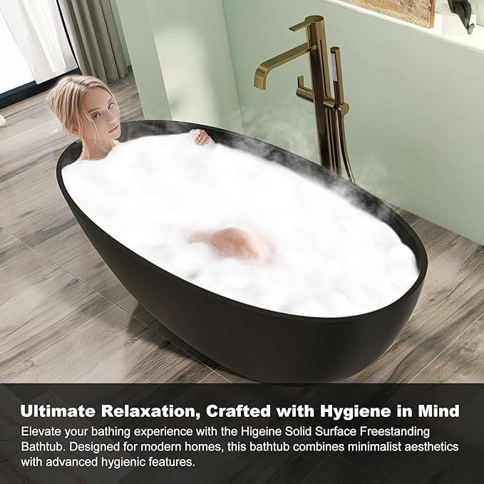 55" Premium Solid Surface Freestanding Bathtub, Upgraded Oval Stone Resin Tub with Overflow and Pop-up Drain, Matte Black