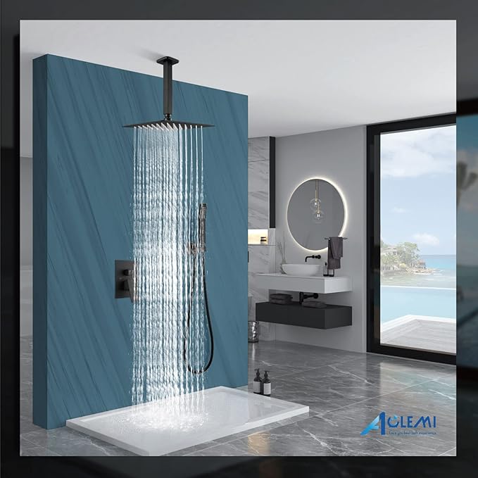 Aolemi Ceiling Mount Shower System Rain Shower Head with Handheld Spray High Pressure Shower Faucet Set Rough-in Valve Shower Trim Kit Included Bathroom Matte Black 12 Inch Ceiling Shower Head
