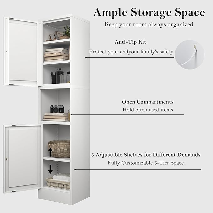 COFaR 67" Tall Metal Bathroom Storage Cabinet,6-Tier Freestanding Linen Tower with 2 Doors,Narrow Slim Metal Locker Storage Cabinet for Small Spaces,Modern,White