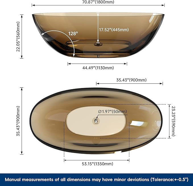 Stone Resin Freestanding Bathtub 71", Elegant Oval Shape Soaking Tub, Solid Surface Stand Alone Bathtub with Drain & Integrated Slotted Overflow Transparent Sepia AMFS303-1800 SEPIA