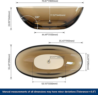 Stone Resin Freestanding Bathtub 71", Elegant Oval Shape Soaking Tub, Solid Surface Stand Alone Bathtub with Drain & Integrated Slotted Overflow Transparent Sepia AMFS303-1800 SEPIA