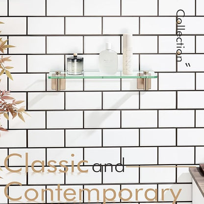 KOKOSIRI Wall Shelves Bathroom Hardware Glass Floating Shelf 16-Inch for Bedroom, Living Room, Kitchen, Hanging Rack Champagne Bronze B1105CPG-L16