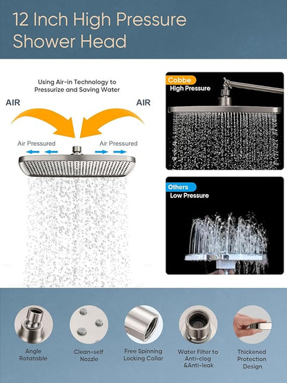 Cobbe 12'' High Pressure Rain Shower Head with Extension Arm - Dual Shower Heads with 8 Modes Handheld Spray Combo - Wide RainFall shower with Anti-Clog Nozzles, Adhesive Showerhead Holder, Brushed