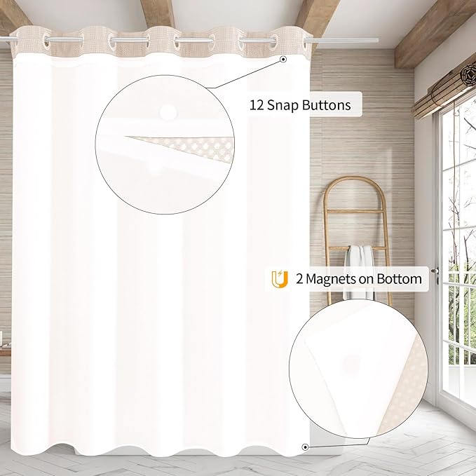 MitoVilla No Hooks Needed Extra Long Shower Curtain Liner Set, Pink 86 inch XL Heavyweight Waffle Fabric Cloth Shower Curtains Set with Snap-in Liner for Modern Luxury Hotel & Spa Bathroom Decor