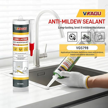 VGS 798Professional Silicone Sealant Caulk 10.15 Oz Cartridge, 12 Pack - for Kitchen & Bathroom, Clear, 100% Waterproof Silicone Sealant,Shrink & Crack Proof