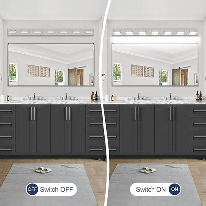 SineRise LED Modern Bathroom Vanity Light Fixtures (7-Light, 55-Inch, Dimmable), Brushed Nickel Modern Acrylic Bathroom Wall Lighting Fixtures Over Mirror (Cool White 6000K)
