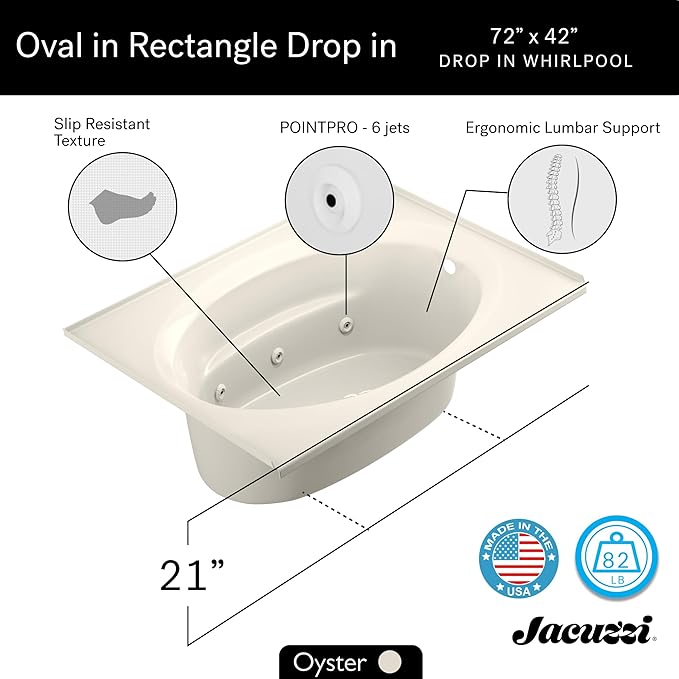 Jacuzzi SIGNATURE Acrylic Drop-In Bathtub, Heated Jet Massage Tub, Slip Resistant, Left Drain Placement, 72" (L) x 42" (W), Oval In Rectangle, Oyster