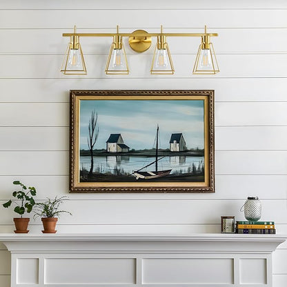 Industrial Bathroom Vanity Lights: 4-Lights Gold Brushed Brass Vintage Metal Cage Wall Lamps - Rustic Farmhouse Light Fixture Over Mirrors Cabinet for Painting Hallway