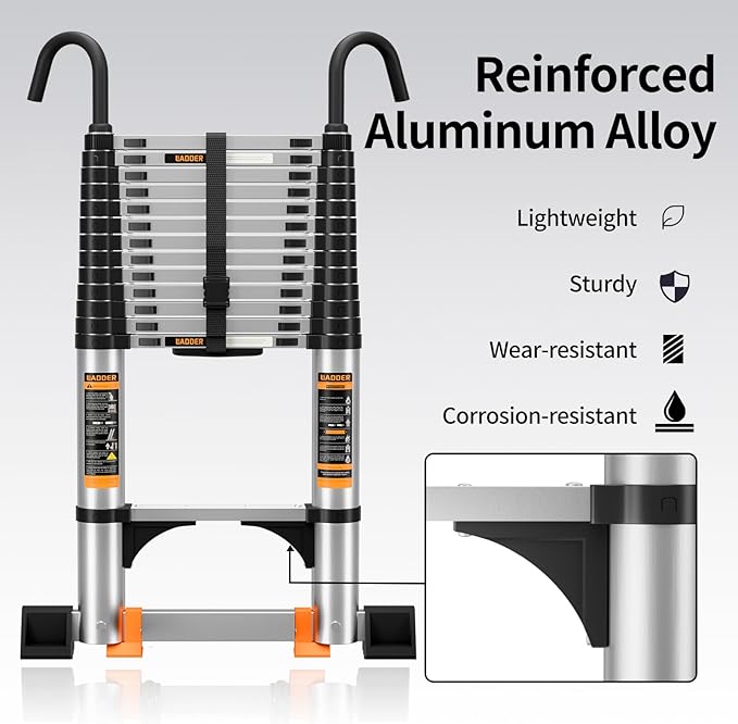 Telescoping Ladder,12.5FT Aluminum Multi-Purpose Collapsible Ladder with Stabilizers and Hooks,Jiashche Portable Extension Ladder for RV or Outdoor Work Silver,330lb Max Capacity