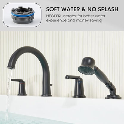 Roman Tub Faucet Set with Hand Shower, KRUZOO Bathtub Faucet Set Trim Kit with Rough-in Valve, Deck Mount Widespread 4 Hole Brass Tub Filler, KZ-9608BK, Matte Black
