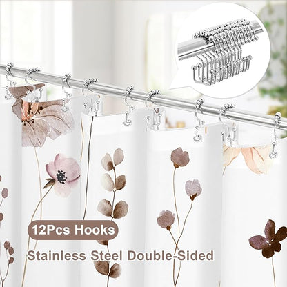 Gibelle 3 in 1 Shower Curtain Set, Brown Watercolor Floral Bath Curtain and PEVA Liner Set with 12 Double Sided Steel Hooks, Waterproof Fabric Bathroom Curtain 72x72