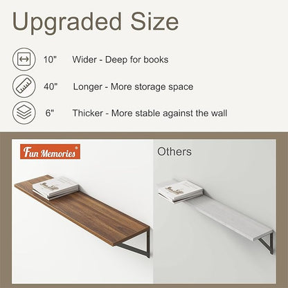 Fun Memories 40 Inch Floating Shelves, 10 Inch Deep Wall Shelf, 40 x 10 Floating Shelf Set of 2, Wood Floating Shelf Wall Mounted, Large Kitchen Living Room Bedroom Storage Shelves, Walnut