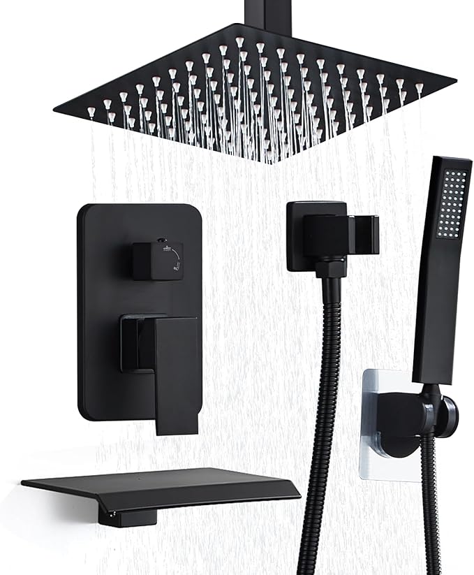 8 Inch Shower Faucet Set, Ceiling Mounted Rainfall Shower System with High Pressure Handheld Shower Head, Bathroom Mixer Shower Set Rough-in Valve and Trim Kit, Matte Black, with Tub Spout