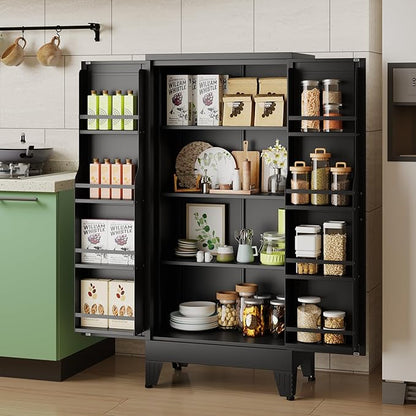48" H Metal Kitchen Pantry Storage Cabinet, Freestanding Cupboard Storage Cabinet with Doors and Adjustable Shelves, Large Stand Up Food Cupboard for Living Room, Dinning Room, Black