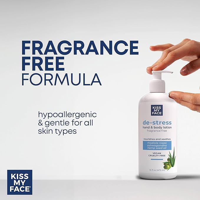 Kiss My Face De-Stress Hand & Body Lotion Fragrance Free - Hypoallergenic, Cruelty-Free, Vegan Lotion for Dry Skin - 16 oz Bottle with Pump (Fragrance Free, Pack of 1)