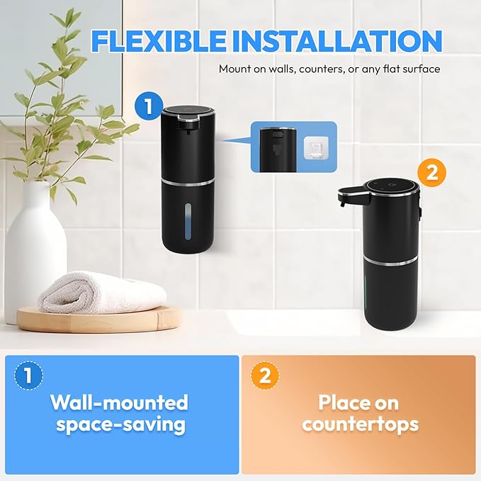 2 Pack Automatic Soap Dispenser Touchless,Liquid Hand Soap Dispenser 12.8oz USB 4levels Adjustable Dispenser Electric Wall Mounted Smart for Bathroom and Kitchen Dish Soap，Easy for Toddlers(Black)