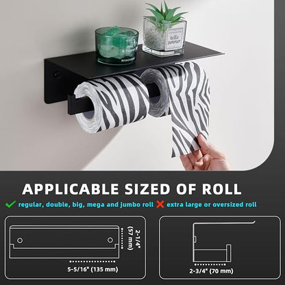 Angle Simple Matte Black Toilet Paper Holder with Shelf, 304 Stainless Steel Double Toilet Tissue Roll Holder for Wall