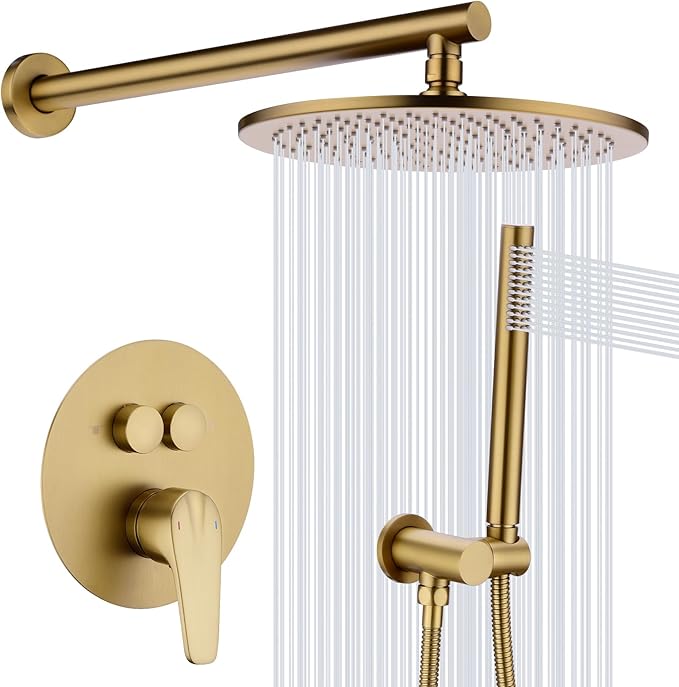 TRUSTMI Push Button Shower System, Brushed Brass Gold 10 Inch Rainfall Shower Set, Pressure Balanced Rough-In Valve and Trim Kit, Wall Mount