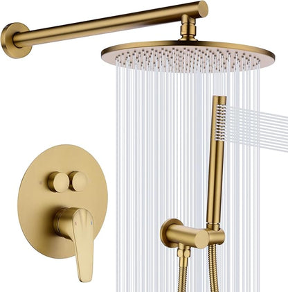 TRUSTMI Push Button Shower System, Brushed Brass Gold 10 Inch Rainfall Shower Set, Pressure Balanced Rough-In Valve and Trim Kit, Wall Mount