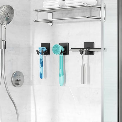 Adhesive Shower Hooks for Inside - Extra Sticky Stainless, Razor Holder Shower Accessories, Wall Mounted Self-Adhesive Double Hooks for Razor, Loofah, Towel, Shaver, Coat, Key, Matt Black, 4-Pack