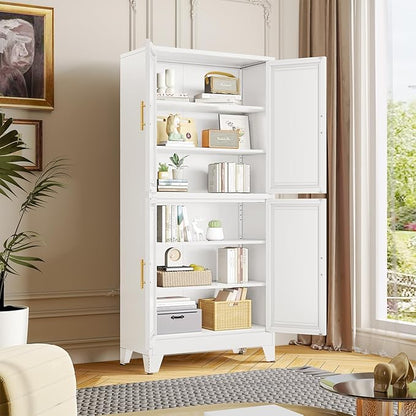 75" Tall Metal Kitchen Pantry Storage Cabinet, Freestanding Cupboard with 4 Doors and 4 Adjustable Shelves, Standing Storage for Kitchen, Bathroom, Garage, Dinning Room or Utility Room（White）