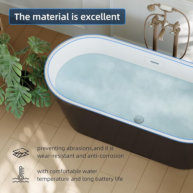 67 Inch Freestanding Bathtub, Acrylic Soaking Bathtub with Chrome Drain and Overflow, Standalone Ergonomic Tub for Bathroom Relaxation, Deep Design for Family and Guest Use, Black