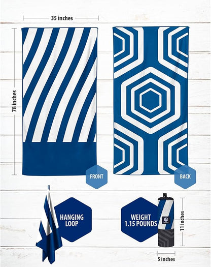 VENTURE 4TH Microfiber Beach Towel: Quick-Dry, Compact, Sand-Free, Absorbent, Sandproof and Lightweight - Perfect for Camping, Beach, and Roadtrips (Dark Blue Stripes Design | 35x78 inches)