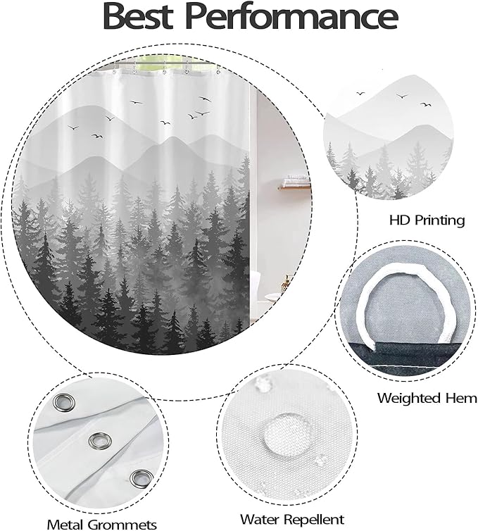 Aipon Black Misty Forest Shower Curtain Gray Ombre Nature Tree Plants Shower Curtains Fabric Waterproof Mountain Shower Curtain Sets for Bathroom Bath Decor (Black, 36'' × 72'')